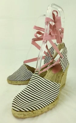 GAP Womens Shoes Heels US 7 Pink tie-up White Black Stripe Wedge Espadrilles 159 - Image 1 of 4