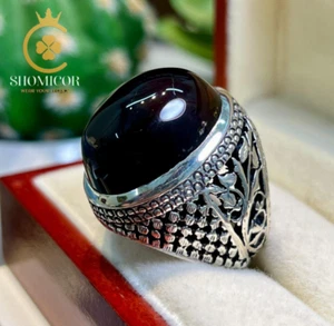 Black Agate Ring in 925 Sterling Silver -  Men’s Handmade Ring Classic Handcraft - Picture 1 of 7