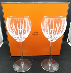 HERMES Fanfare Pair Wine Glass Crystal Clear Glasses Glassware Drinkware - Picture 1 of 6