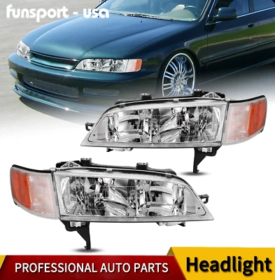 Chrome Headlights Assembly For 1994-1997 Honda Accord Left+Right Side Headlamps - Image 1 of 4