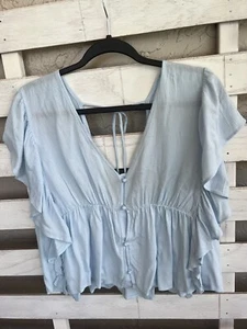NEW Altar'd State Women Large Open Back Boho Gauzy Blue Top Frill Sleeve - Picture 1 of 19