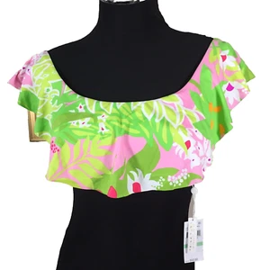 Trina Turk Bikini Swim Top La Palma Off Shoulder Bandeau Size 8 Multi Ruffled - Picture 1 of 11