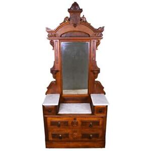 Antique Victorian Marble Top Burl Walnut Drop Center Dresser #21769