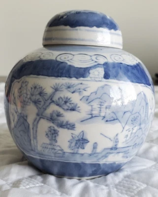 Tarro de jengibre decorativo vintage pequeño chino azul y blanco Foto 1 de 4