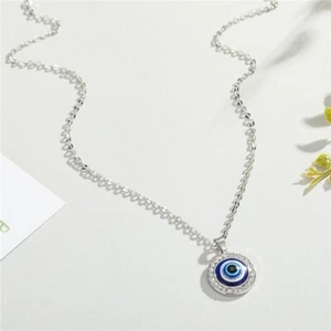 Evil Blue Eyes Pendant Necklace Turkish Eye Silver Plated - Picture 1 of 2