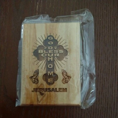 olive wood magnet  Cross GOD Bless our home 3x2inch  - Image 1 of 4
