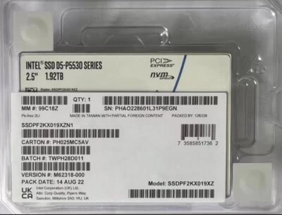 1.92TB SSD INTEL U2 TLC PCIe 4.0 x4 SSDPF2KX019XZN1 P5530 U.2 NVME PCIe 1.92T - Image 1 of 4
