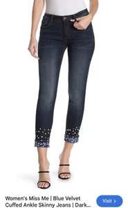 MISS ME Womens 25 Ankle Skinny Jeans Cuffed Velvet Jewel Gem Rhinestone Bling - Picture 1 of 12