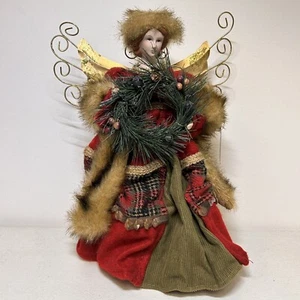 Christmas Tree Topper Angel. 13in red green gold dress wings country christmas - Picture 1 of 9