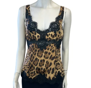 DOLCE & GABBANA Seiden Tanktop 46 8 braun Leopardenmuster schwarz Blumen Spitzenbesatz - Bild 1 von 11