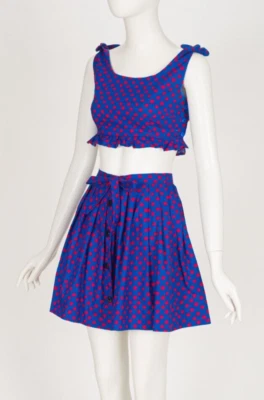 1970s Vintage Red & Blue Polka Dot Cotton Crop Top Mini Skirt Set Sz XS - Image 1 of 4
