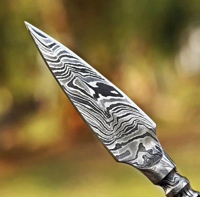 Охотничий нож ручной работы из дамасской стали с обоюдоострыми ножнами и кожаными ножнами - Изображение 1 из 4