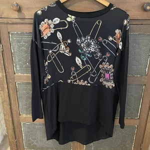Tunica in maglia Naughty Dog donna S nera stampa gemme strass misto seta - Foto 1 di 13