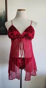 Victoria's Secret Red Velvet & Silk Babydoll Chemise Negligee Lingerie 2 Pc Sz L - Picture 1 of 9