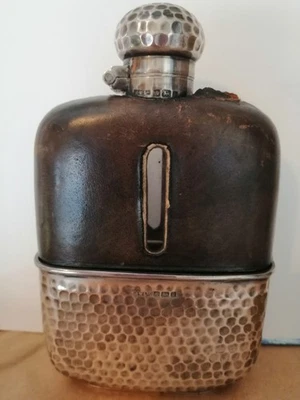 Vintage Hip Flask Silver Leather Glass. Fully Hallmarked. - Image 1 of 4