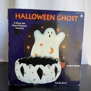 Susan Winget Halloween Ghost Bowl & Cookie Platter 2 Piece Set - Hand Painted - Picture 1 of 11