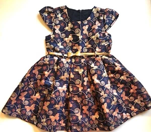 KLEINES MÄDCHEN KLEID BLUMENDRUCK FIT & FLARE GRÖSSE 4T KURZARM BLAU ROSA GOLD - Bild 1 von 12