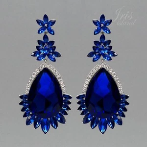 Women Rhodium Plated Blue Crystal Rhinestone Wedding Drop Dangle Earrings Prom 4 - Picture 1 of 5