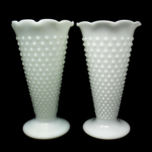 Vintage Milk Glass Vases Pair, Classic Hobnail Design, Ruffled Collar, 9.5" Tall