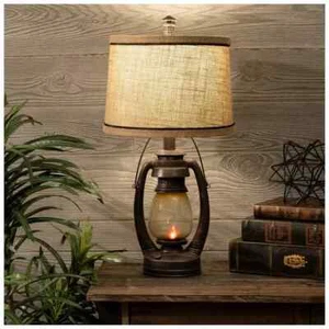 Vintage Style Oil Lantern Table Lamp With Night Light Burlap Shade Rustic Cabin - Picture 1 of 3