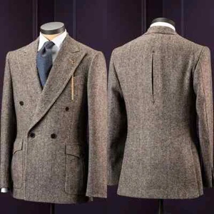 Herringbone Business Tweed Wool Blend Mens Jacket Peak Lapel Double Breasted - Picture 1 of 7