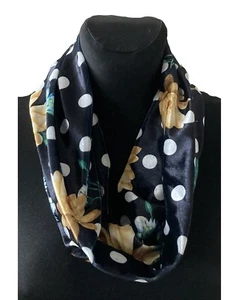 handmade cowl, snood, neck warmer, scarf, velvet - Black Polka Dot and Flowers - Picture 1 of 3