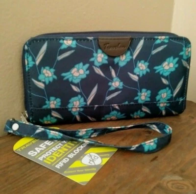 Carteira de pulso Travelon nova com etiquetas design floral azul janela de identificação slots para cartão de crédito - Imagem 1 de 4