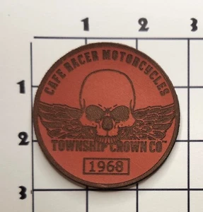 Parche de motocicletas Café Racer calavera municipio redondo cuero marrón vintage planchado - Imagen 1 de 1