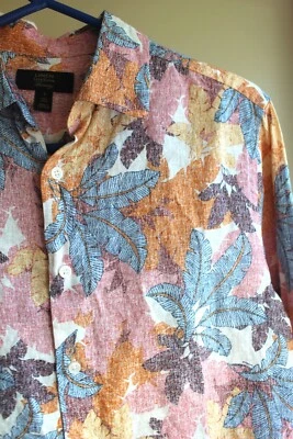 Palm Leaf Motif Linen Luxury Club Room Shirt Mens S Button Up LS Resort - Image 1 of 4