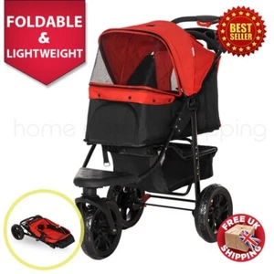 Pawhut Folding 3 Wheel Pet Stroller Adjustable Canopy 12KG Dog Pushchair Red - Picture 1 of 9