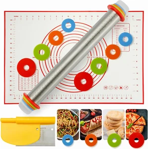 Adjustable Stainless Steel Rolling Pin with Nonstick Silicone Baking Mat & Acces - Picture 1 of 6