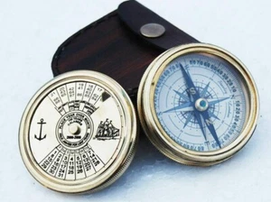Nautical 2" 100 Years Calendar polish Brass Compass Leather Case LOTS OF 10 PCS - Picture 1 of 2