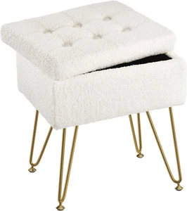 Vanity Stool Chair with Storage, Teddy Velvet Soft Ottoman, 4 Metal Legs with An - Picture 1 of 7