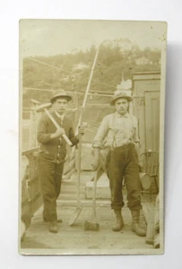 Two Handsome Construction Workers Posing Occupational RPPC Photo Postcard c1915 - Picture 1 of 3