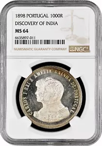 Portugal 1000 reis 1898, NGC MS64, "400 Aniversario - Descubrimiento de la India" - Imagen 1 de 2
