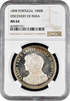 Portugal 1000 reis 1898, NGC MS64, "400th Anniversary - Discovery of India" - Image 1 of 2
