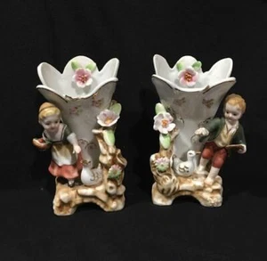 Ucagca  (1) Girl (1) Boy With Ducks & flower  Porcelain Figurine Vases Set of 2 - Picture 1 of 12