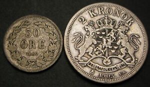 SWEDEN 50 Ore & 2 Kronor 1880/1903 - Silver - 2 Coins. - 3984