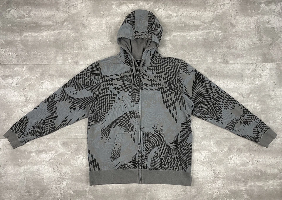 винтажный OAKLEY ТОЛСТОВКА С КАПЮШОНОМ ТОЛСТОВКА ЛИСТОВОЙ МЕТАЛЛ XL AOP Y2K 2000-х молнии - Изображение 1 из 4