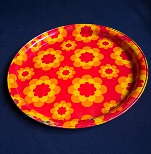 VINTAGE 1960s 1970s ROUND ENAMEL TIN TRAY RETRO KITCHEN MOD VW CAMPER KITSCH - Picture 1 of 9