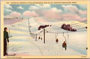 1937 SUN VALLEY Idaho LINEN Postcard "Riding Ski Tramway Up Dollar Mountain" - Picture 1 of 2