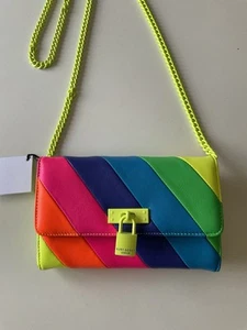 NWT Kurt Geiger Brixton Lock Chain Wallet Neon Stripes Crossbody Bag Stripes - Picture 1 of 20