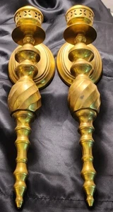 Pair Vintage Solid India Brass Candle Scones, L. 15" Wall Mounted. - Picture 1 of 7