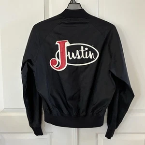 Vtg Justin Boots Windbreaker Jacket Medium Black halk Line Western Men USA - Picture 1 of 7