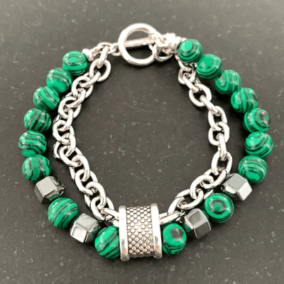 "Pulsera de hombre malaquita verde hematita doble hilo con cuentas tono plata 8"" nueva" Foto 1 de 4