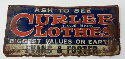 Antique Tin Sign Curlee Clothes Evans & Foster  Curlee Clothing Company 19"x9" - Image 1 of 4