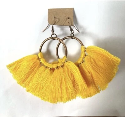 Boho Chic Bohemian Yellow Hoop Fan Tasseled Dangle Earrings Fashion (A)117 - Image 1 of 4