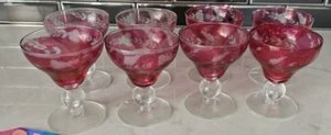 Antique 8 Piece Cranberry Etched Cocktail Nick And Nora Style Coupes Glassware - Picture 1 of 15