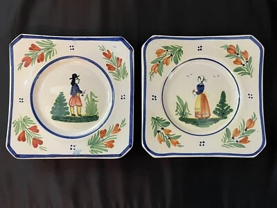 Vtg Set 2 White Quimper Pottery Square Plates 7.5 inch 1930's Brittany France - Image 1 of 4