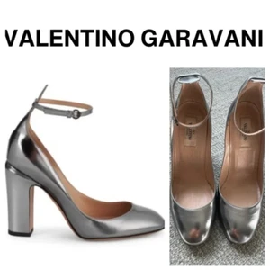 VALENTINO GARAVANI Tango Block Heel Silver Metallic-Leather Pumps - Picture 1 of 14